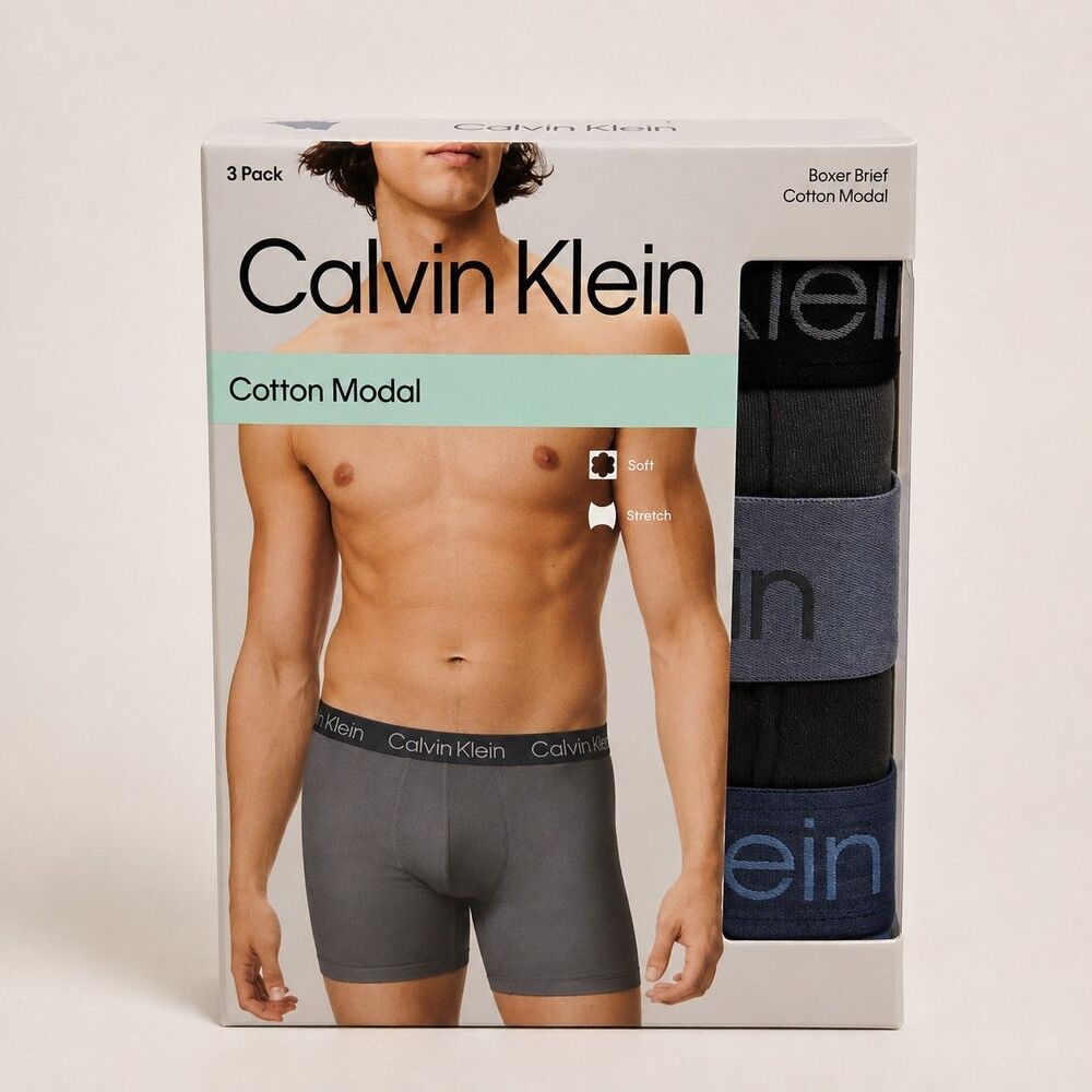 CALVIN KLEIN Mens M Boxer Briefs Blue Gray 3-Pack Cotton Modal Ultra Soft